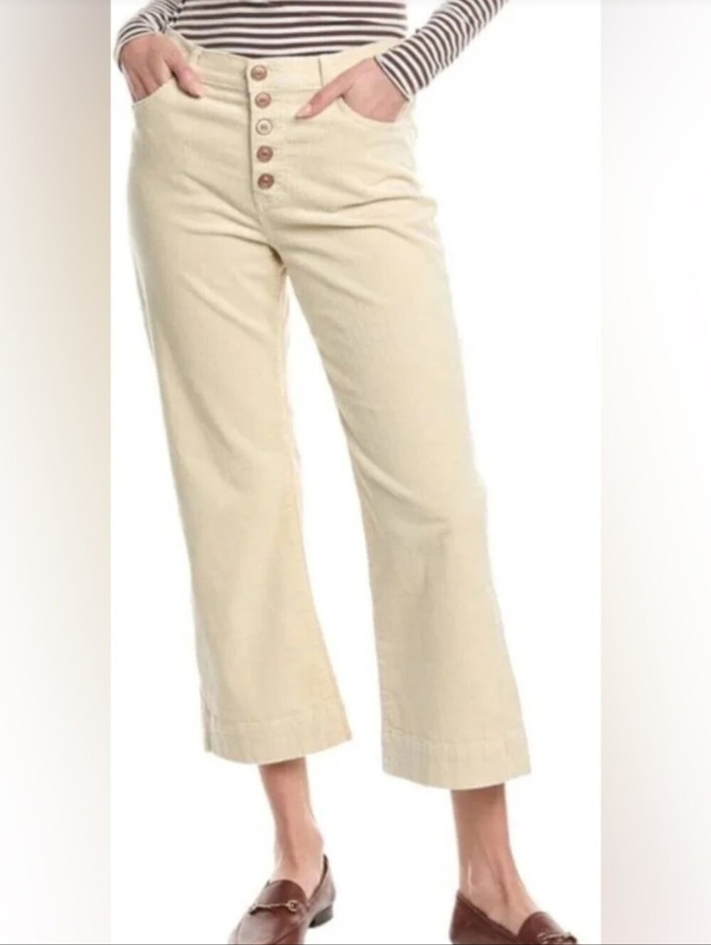 CABI Palm Beach Cropped Corduroy Pants Cream Beige Button Fly